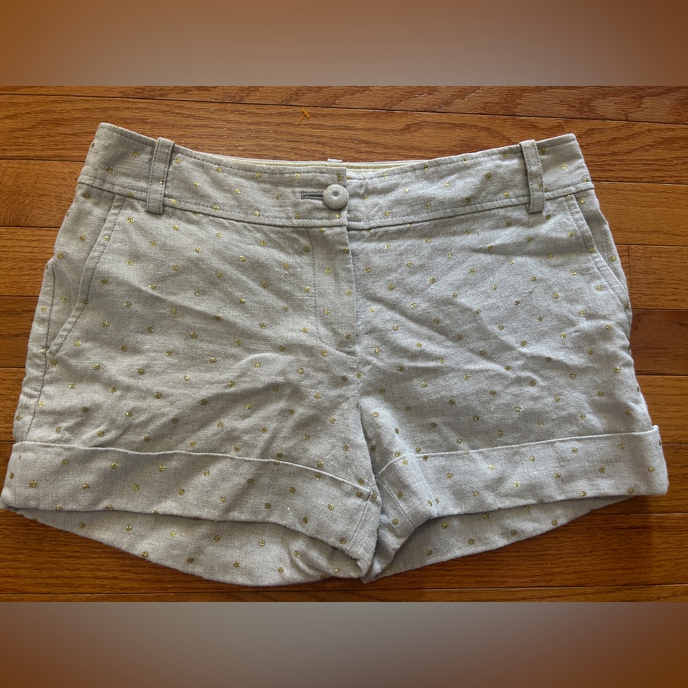 J. Crew Linen Shorts Size 6 City Fit Cuff Khaki Beige Gold Sparkle Polka Dot